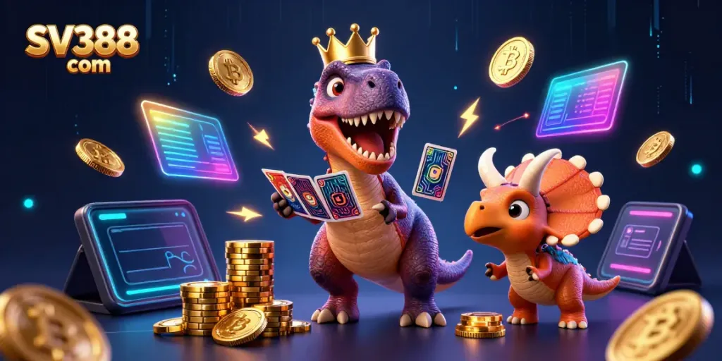 Engage with SV388 com's vibrant 3D cartoon scene showcasing fun characters and cryptocurrency elements.