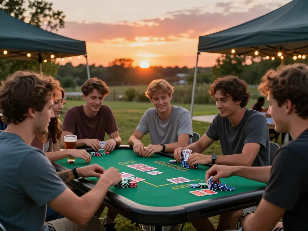 Friends enjoying gambling at new casinos not on gamstop under sunset lights.