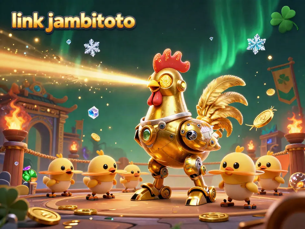 Engage with link jambitoto featuring a golden rooster robot and drones amidst dynamic gaming elements.