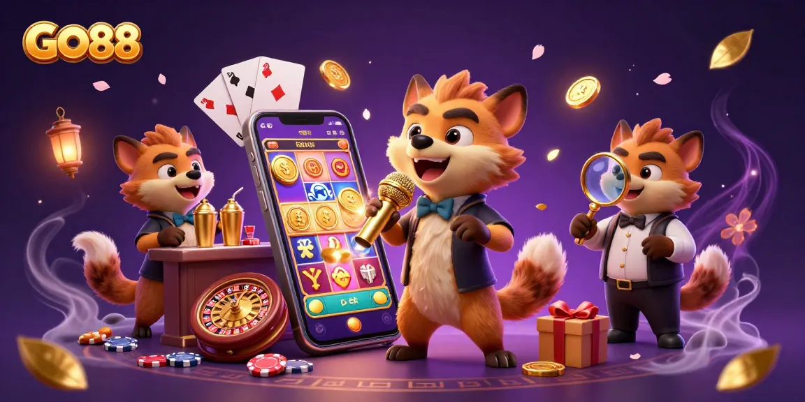 Experience GO88's vibrant comedy casino scene featuring hyenas mixing drinks and telling jokes.