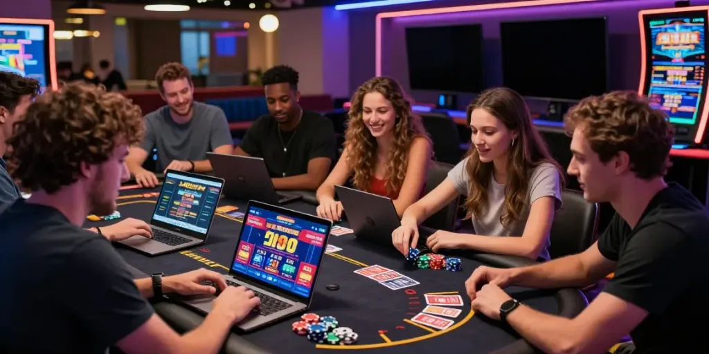 Friends enjoying new casinos not on gamstop at a vibrant gaming table in an urban lounge.