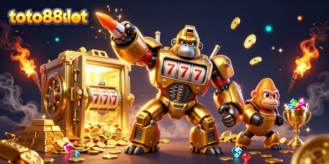Experience thrilling action with toto88slot as a golden gorilla mech and treasure explode in a vibrant casino scene.