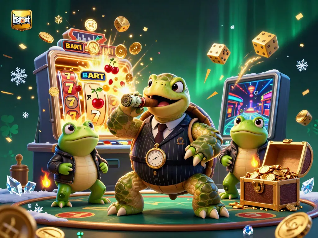 Engage with bsport casino as the snapping turtle and bullfrog enforcers celebrate a jackpot explosion, surrounded by vibrantly animated casino elements.
