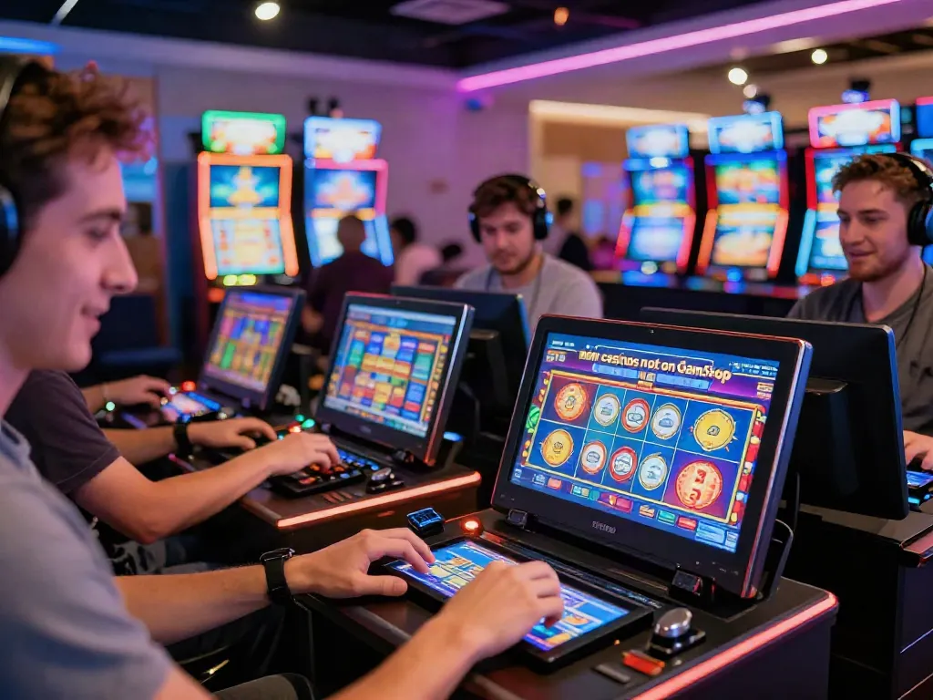 Exciting scene showcasing players enjoying new casinos not on GamStop on tablets and laptops.
