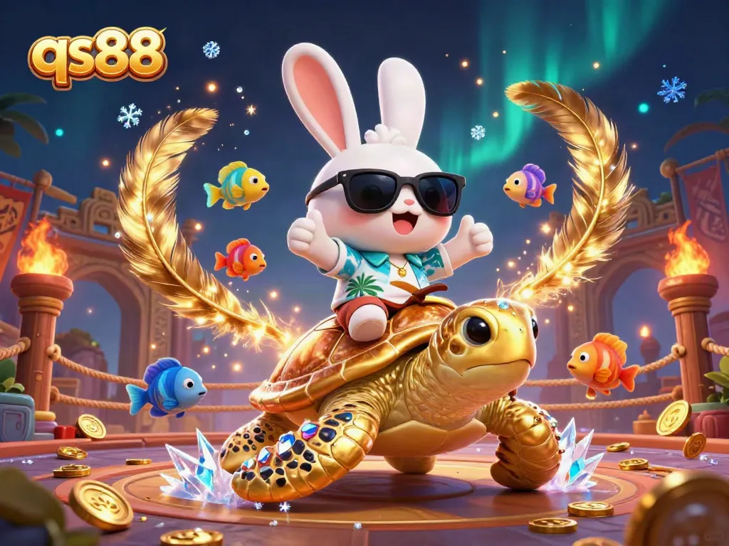 Experience qs88's vibrant casino action with a lucky rabbit and golden turtle in this colorful 3D scene.