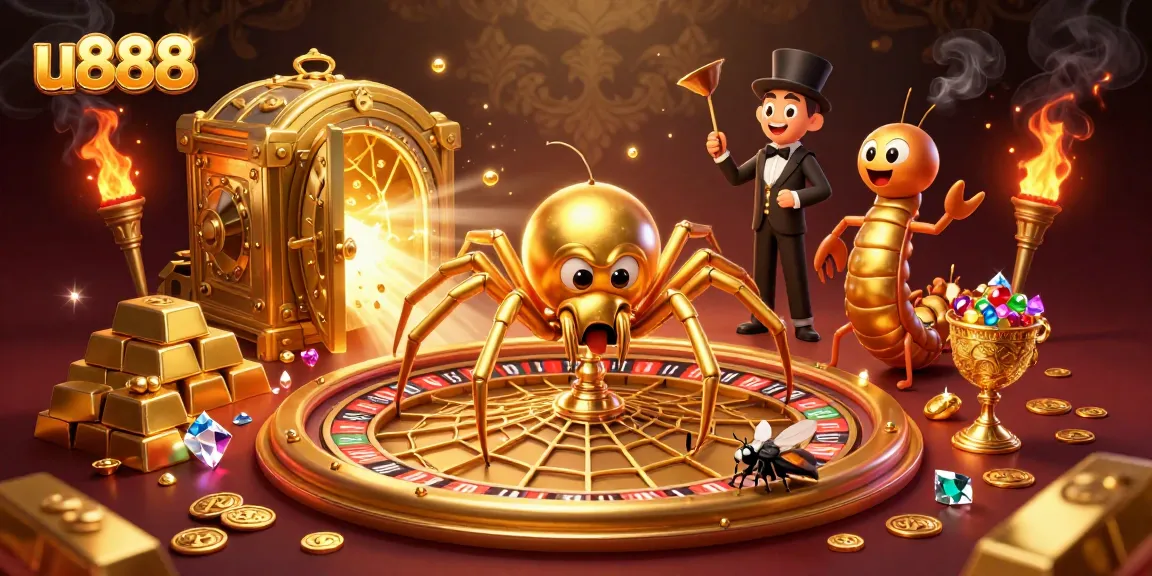 Experience thrilling wins at u888 with a golden web roulette scene featuring unique characters and lavish treasures.