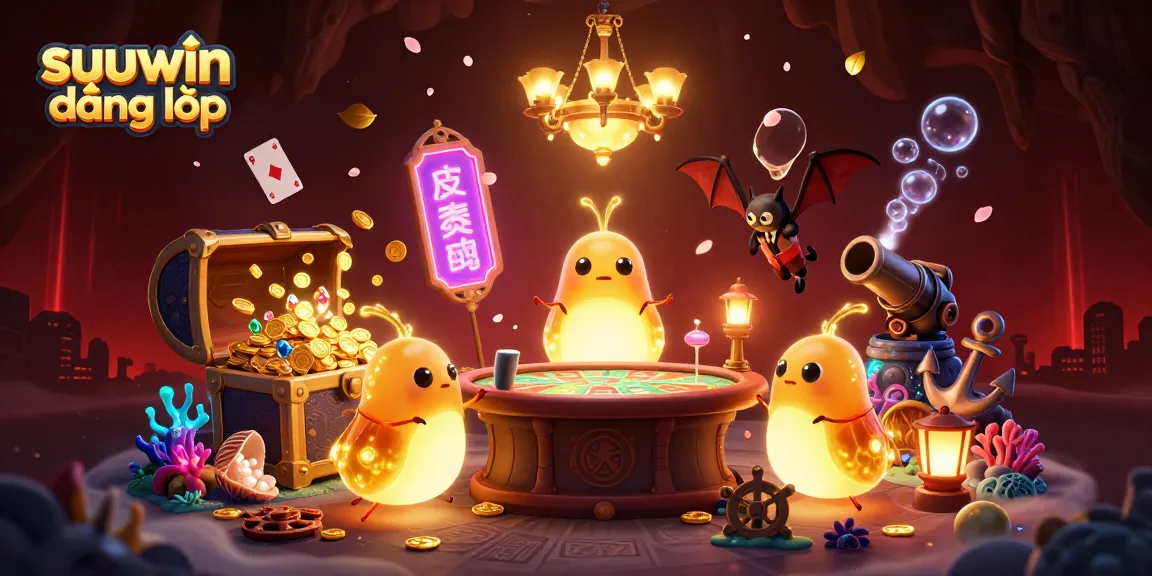 Engage in suuwin đăng nhập while exploring a vibrant, illuminated casino scene with unique characters and gold treasures.