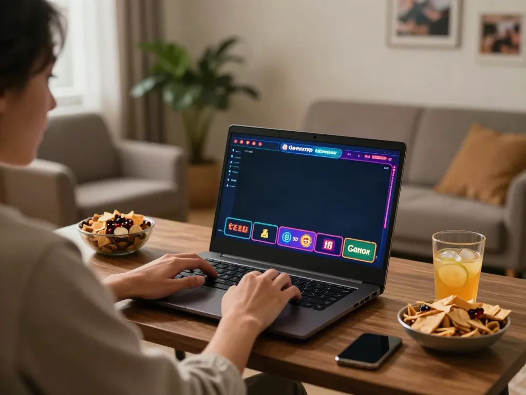 Person exploring new casinos not on Gamstop in a cozy gaming environment, laptop screen displaying colorful casino games.