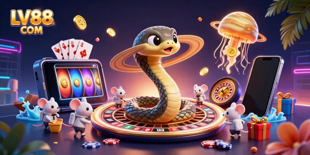 Bet on the LV88 COM roulette ring with astronaut mice in a vibrant cosmic casino setting.