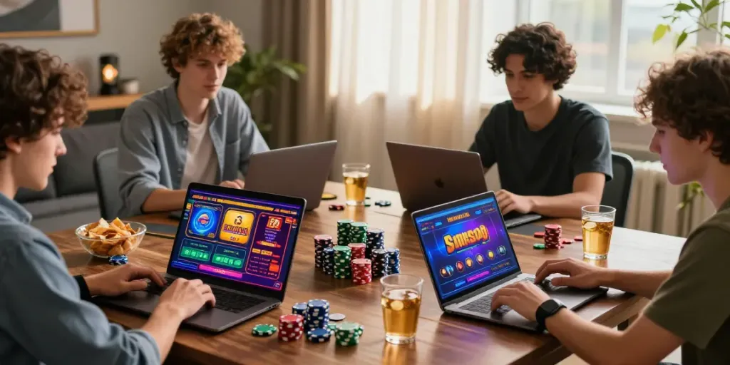 Engaging gaming scene with players exploring new casinos not on GamStop in a cozy setting.