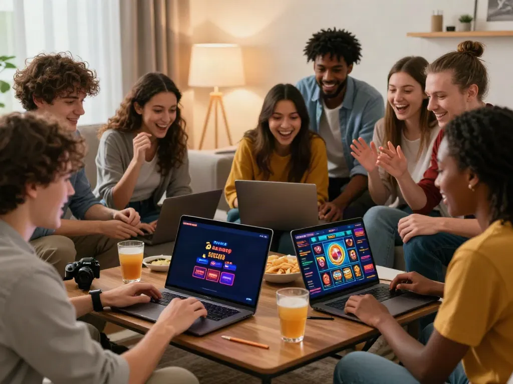 Friends enjoying games at new casinos not on gamstop in a cozy living room.