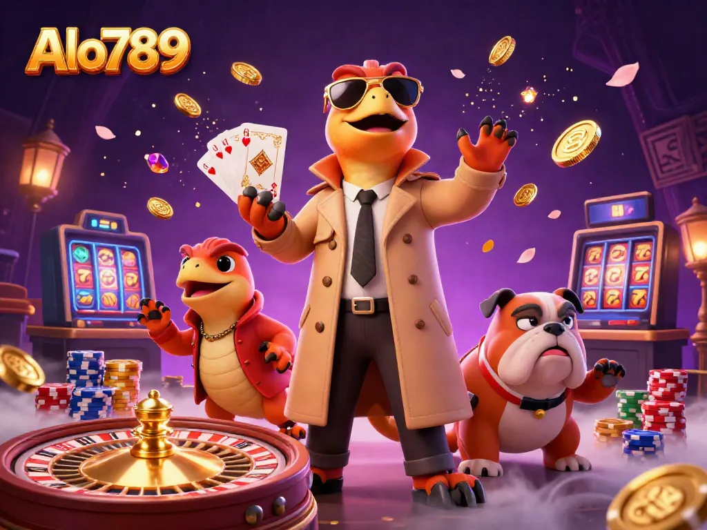 Alo789 raptors in trench coat entering a VIP lounge, cascading coins and roulette wheel surround them.