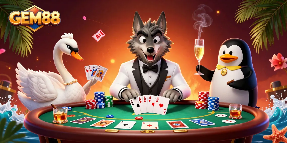 Experience high-speed thrills with GEM88 as a debonair wolf and elegant swan deal cards at an opulent casino