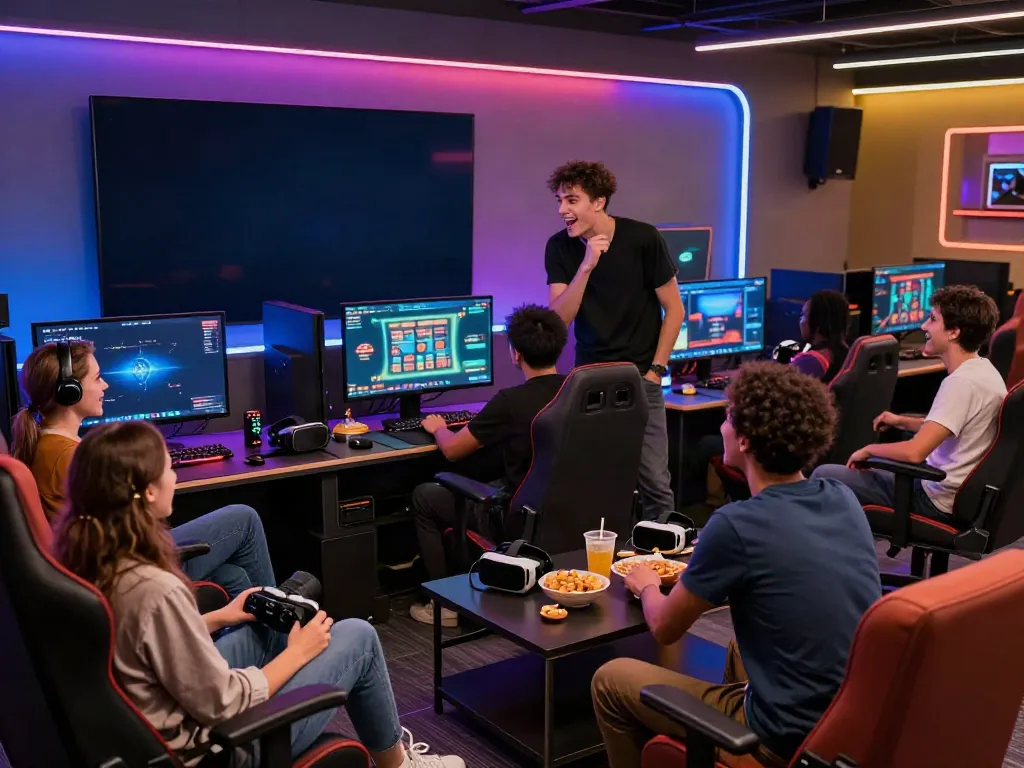 Friends enjoying gaming experience with new casinos not on GamStop in a vibrant online gaming lounge.