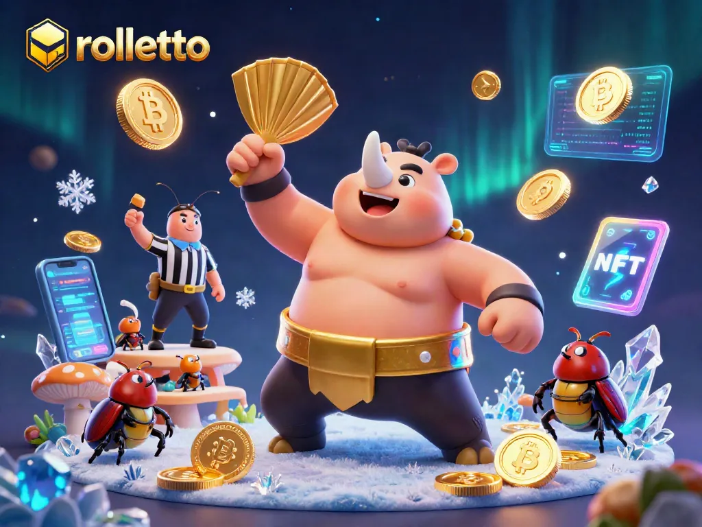 rolletto contestants celebrate with Bitcoin coins flying at an exciting casino showdown