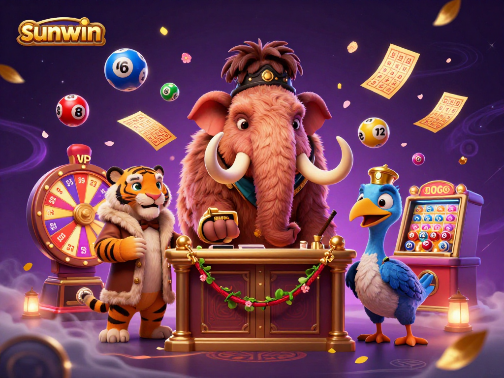 Engage with sunwin's casino scene featuring a woolly mammoth bouncer and vibrant lottery elements.