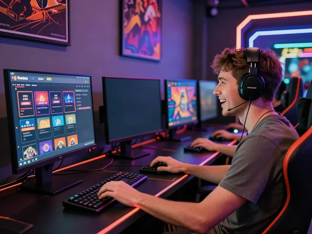 Excited player enjoying new casinos not on GamStop with vibrant gaming setup.