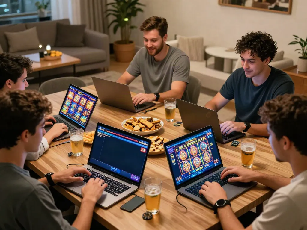 Players enjoying new casinos not on GamStop at home with laptops and vibrant game graphics.