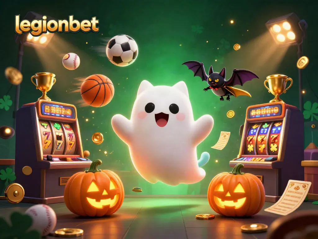 Play exciting games and win with legionbet at this haunted casino featuring a ghost cat and golden trophies.