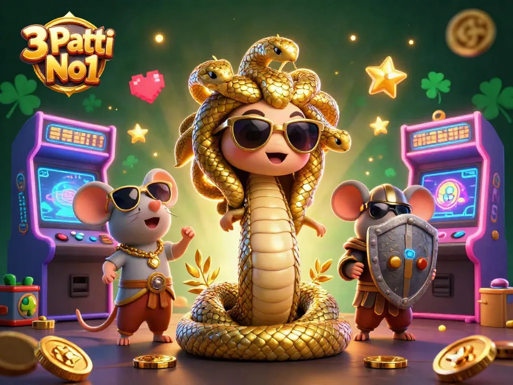 Engage with 3 Patti No1 in an ultra-detailed 3D scene featuring friendly Medusa and a warrior mouse amidst arcade games