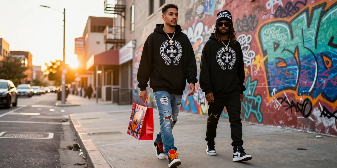 Stylish urban scene showcasing Chrome Hearts hoodie and accessories on street, embodying contemporary fashion trends.