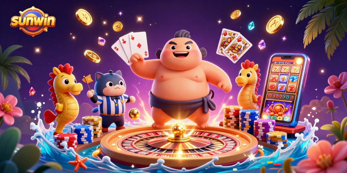 Sunwin brings excitement with a colorful underwater casino scene featuring characters in a dynamic gambling environment.