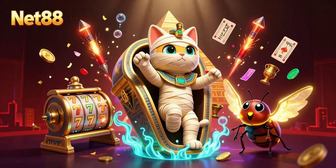 Experience thrilling excitement at Net88 with a vibrant 3D illustration of an Egyptian-themed casino scene.