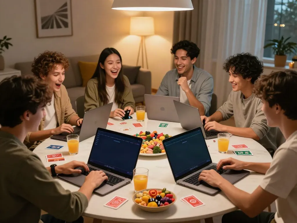 Friends enjoying new casinos not on Gamstop during a lively game night.