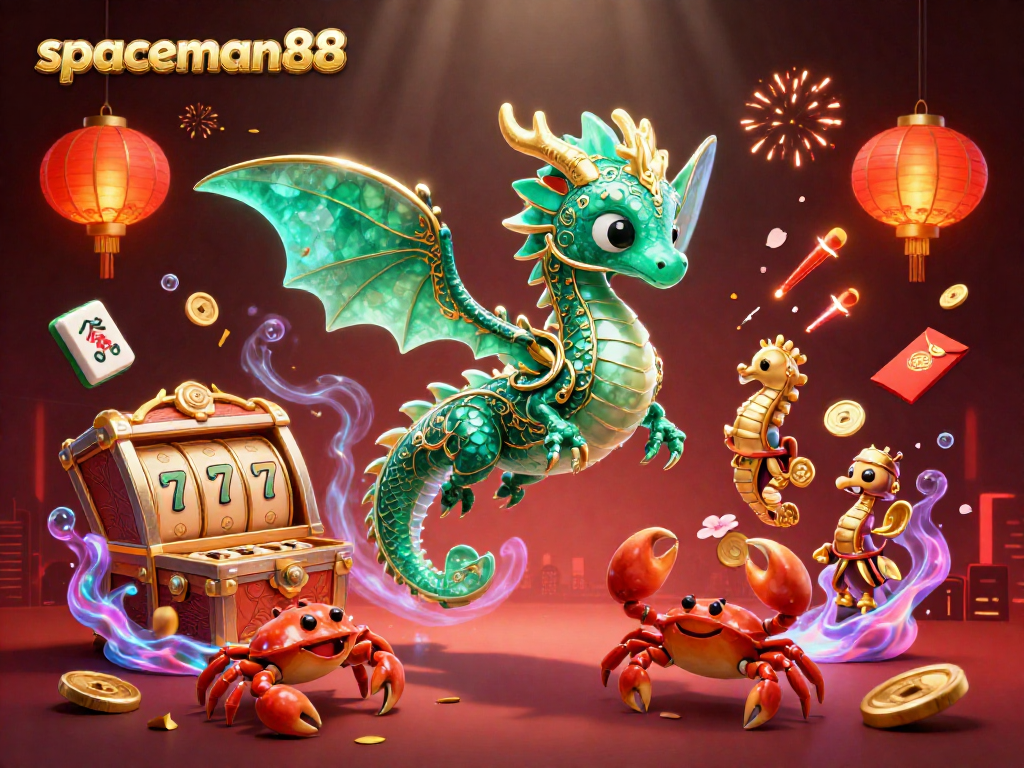 Experience the excitement of spaceman88 with vibrant slot reels, elegant sea creatures, and festive decorations.
