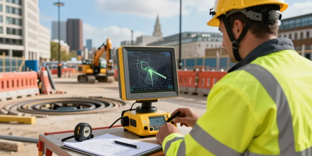 Utility Surveyors London mapping underground services using GPR equipment in urban setting.