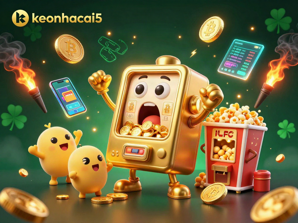 Engage with keonhacai5 celebrating a jackpot win surrounded by excited slot machines and crypto elements.