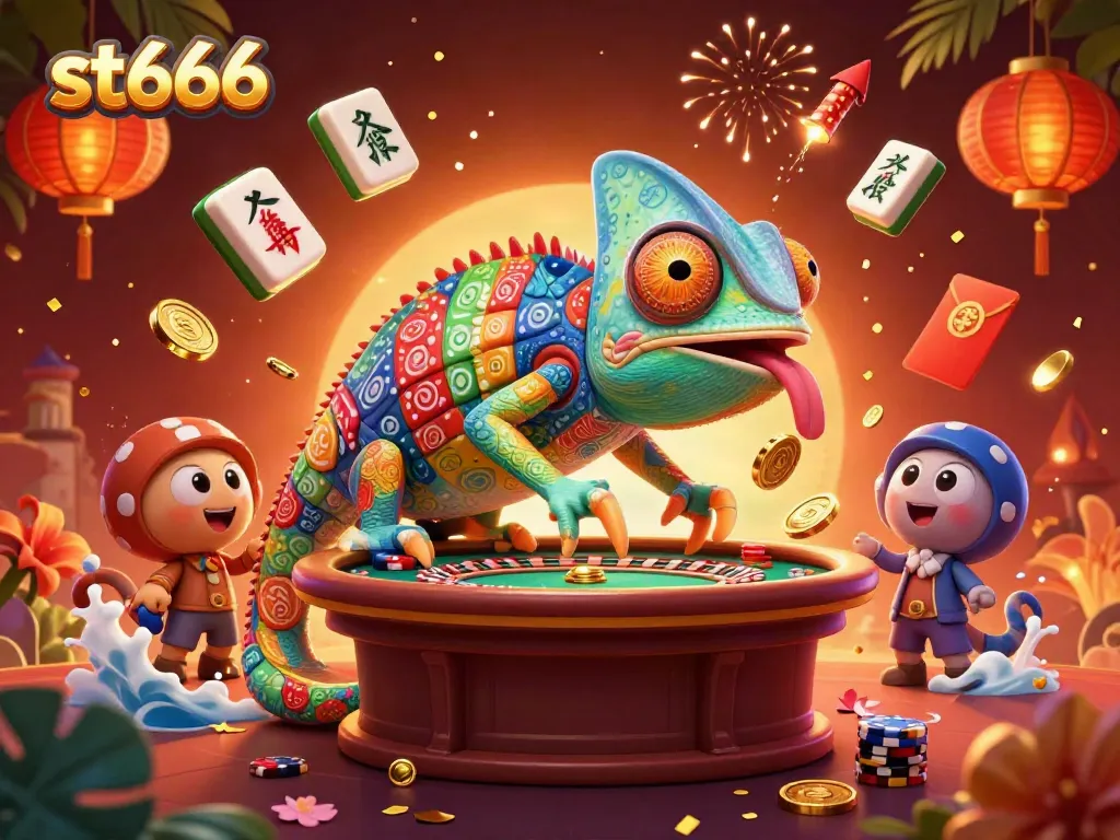 Experience thrilling gaming with st666, featuring a vibrant chameleon casino owner in action.