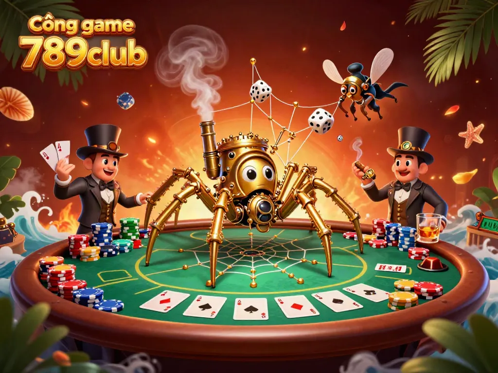 Engage with Cổng game 789club in an action-packed scene featuring a steampunk spider, poker elements, and charming Victorian character.