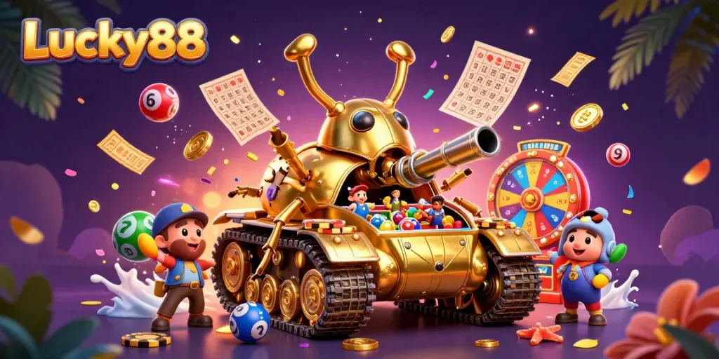 Experience the thrill of Lucky88 with an interactive casino scene featuring a golden beetle tank and vibrant game elements.