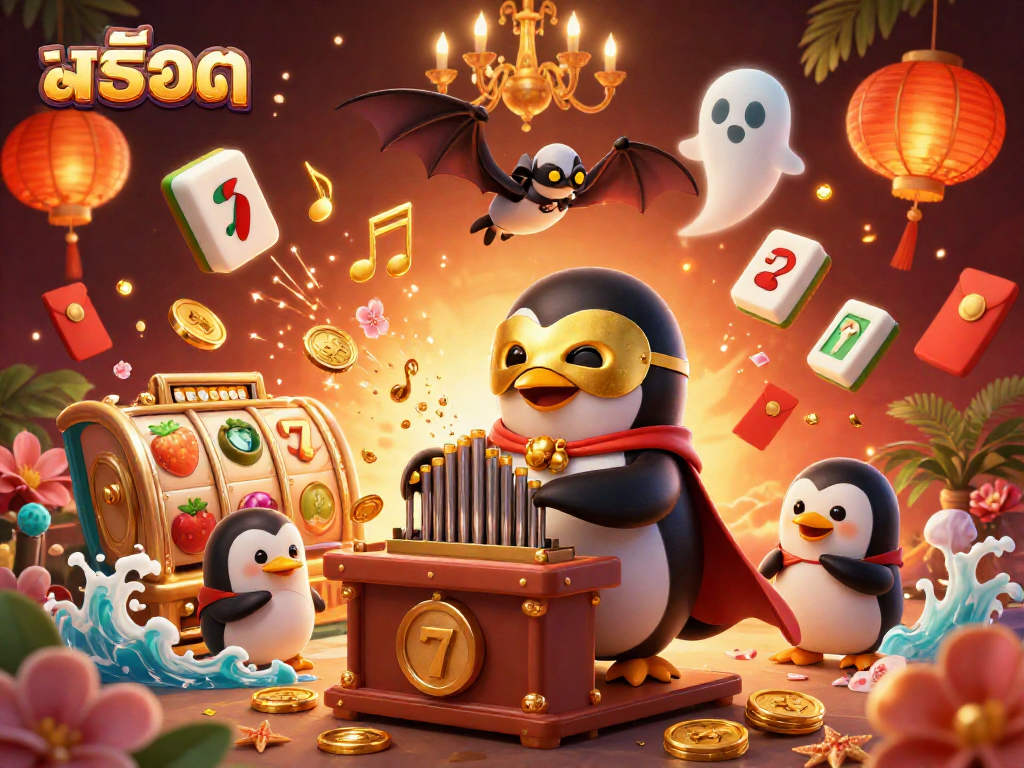 Engage in สล็อต fun with a cartoon penguin organist shooting gold coins and festive casino elements.