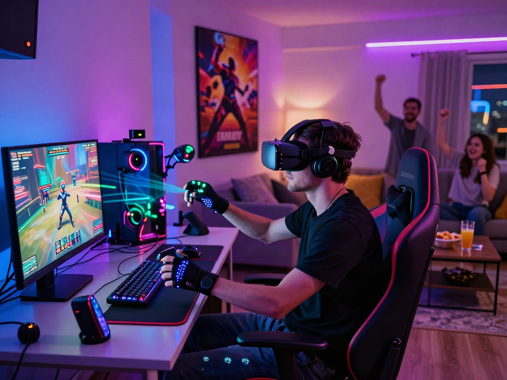 Gamer immersed in porngame with VR headset and dynamic lighting