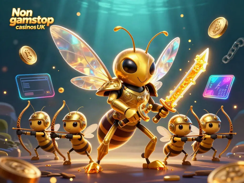 Engage with Non gamstop casinos UK through a vibrant 3D casino scene featuring dynamic characters and crypto elements.
