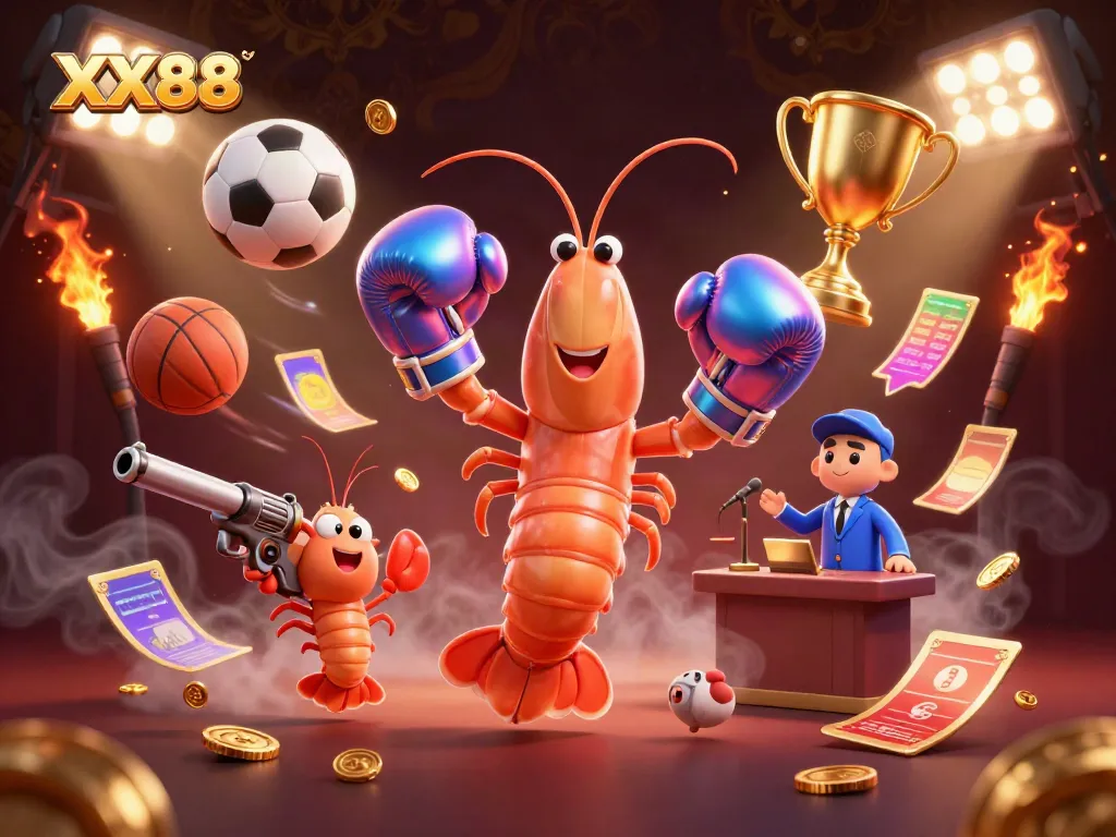 Engage in thrilling games with XX88 featuring a dynamic scene of boxing shrimp characters and sports elements.