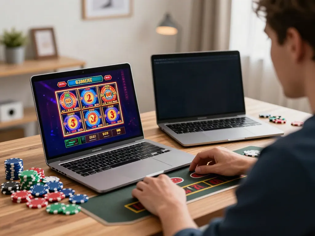 Exciting player enjoying new casinos not on gamstop at home with colorful gaming setup.