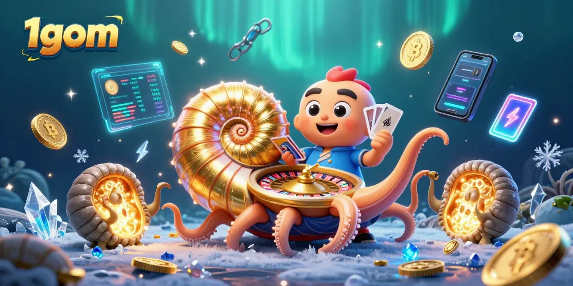 Experience 1gom's vibrant gambling world with a dynamic 3D underwater illustration featuring a giant nautilus roulette.