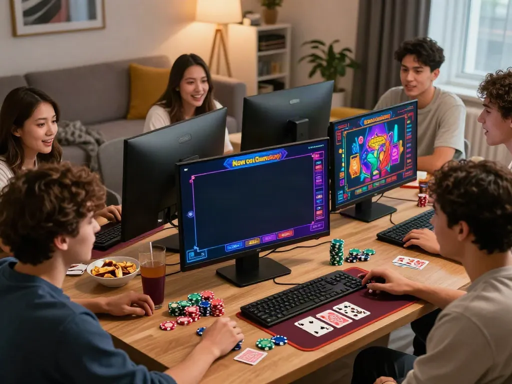 Group of friends enjoying new casinos not on gamstop in a cozy living room.