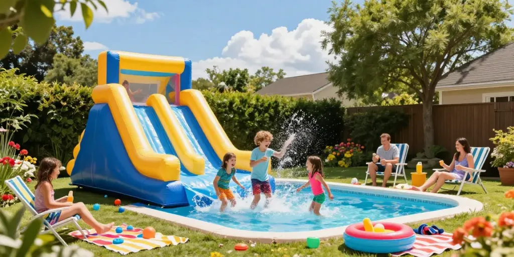 Exciting backyard water slide fun with children splashing and parents relaxing in the sun.