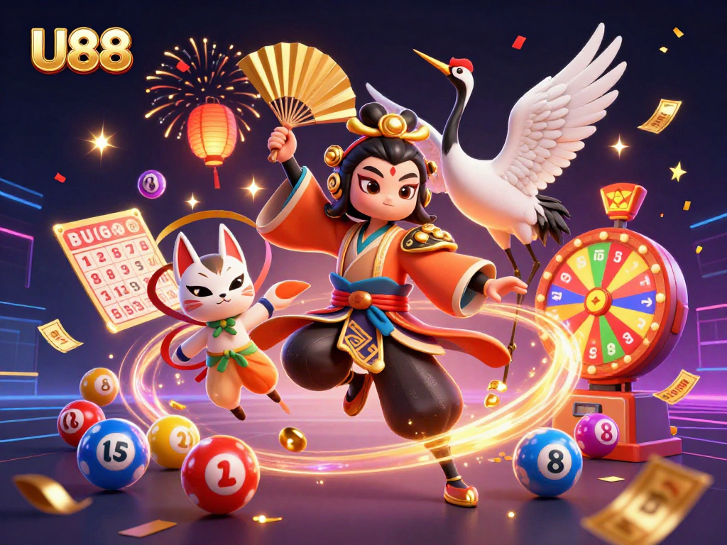 Experience winning excitement at U888 with a vibrant gambling-themed 3D illustration.