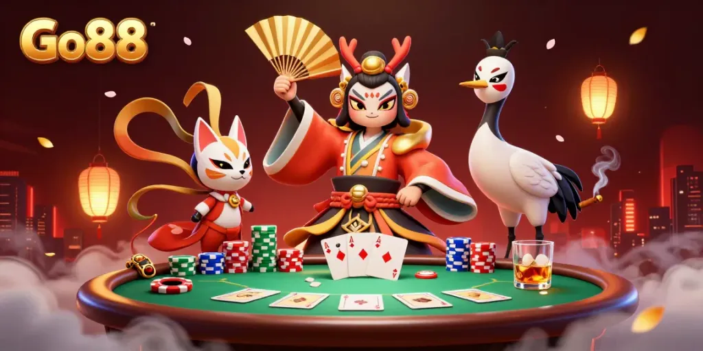 Engage with Go88's dynamic 3D casino scene featuring legendary characters and poker elements.