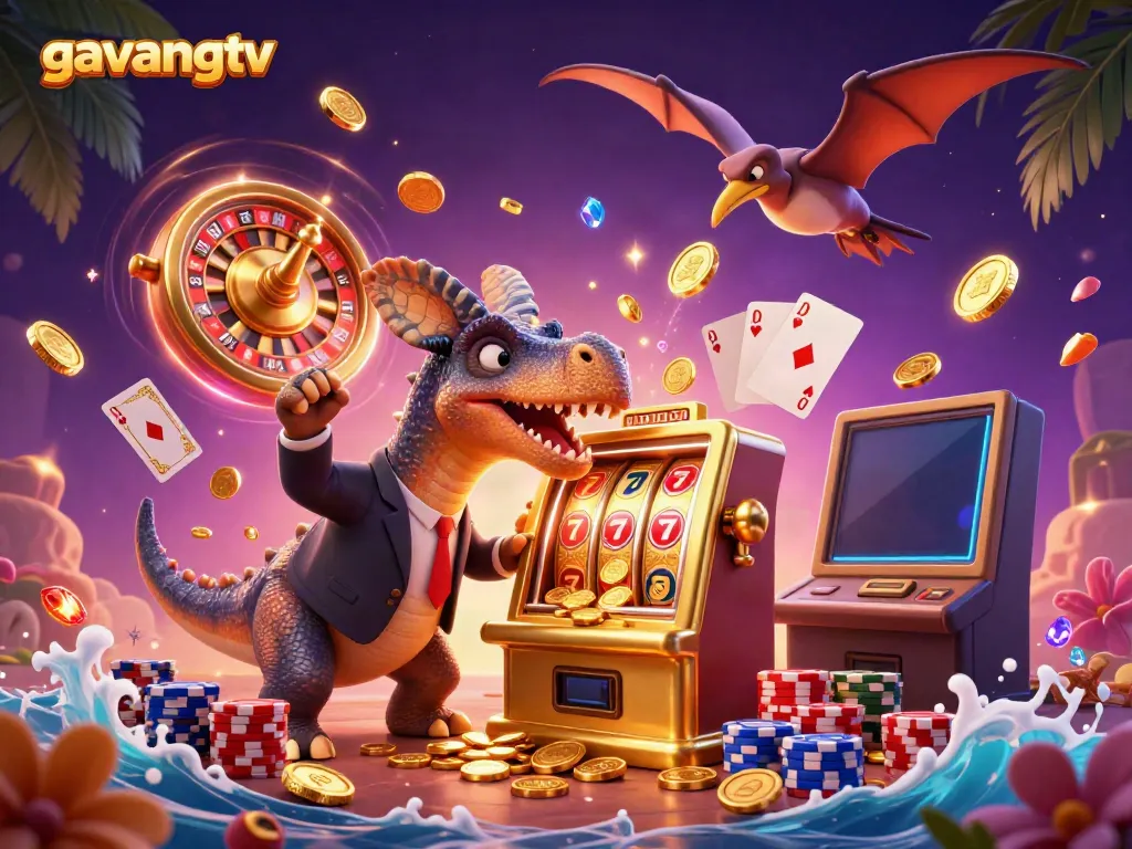 Engage with gavangtv's dynamic gaming scene featuring a pachycephalosaurus celebrating a jackpot amidst vibrant casino elements.