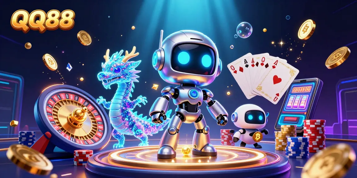 Engage with QQ88's vibrant gaming world featuring a cyberpunk robot and glowing treasures.