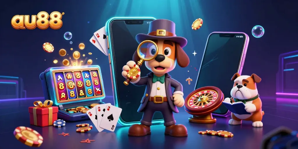 Engage with the thrilling world of au88 through a dynamic scene of a cartoon detective and treasure clues.