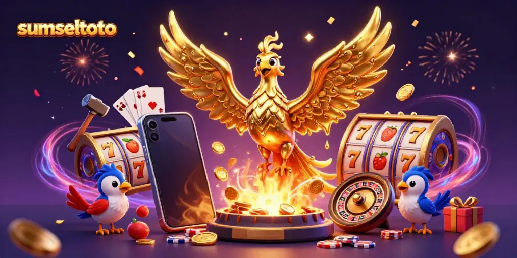 Experience excitement with sumseltoto's vibrant scene of a molten golden phoenix amidst dynamic casino elements.