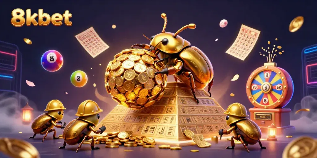 Experience the thrill of 8xbet with golden coins, vibrant lottery balls, and casino symbols.