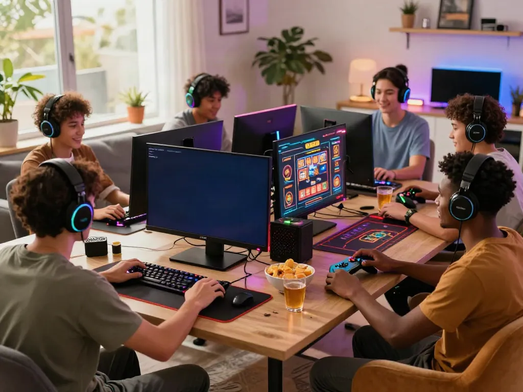 Engaged gamers exploring new casinos not on gamstop in a lively home game room.